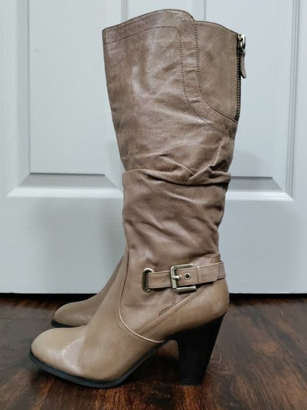 Guess MALLAY Tan Leather Side Zipper Mid-Calf Chunky High Heeled Boots Size 9 - Picture 3 of 16